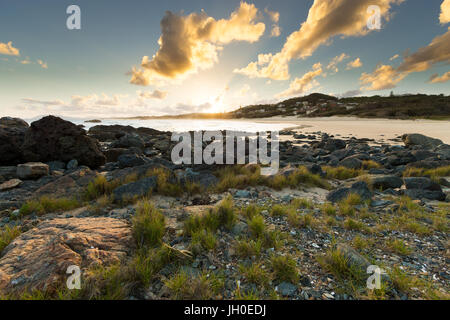 The sun sets on a vibrant beach scene in Port Macquarie, Australia, illuminating the surrounding clouds, coastline and grass tufts in the foreground. Stock Photo