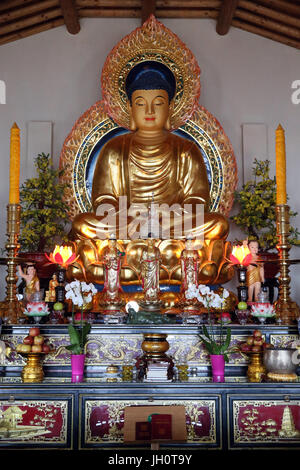 Buddhist temple. Thien Minh Pagoda. Main altar. France. Stock Photo