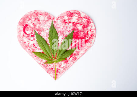 Marijuana leaf on a red heart shape isolated Stock Photo