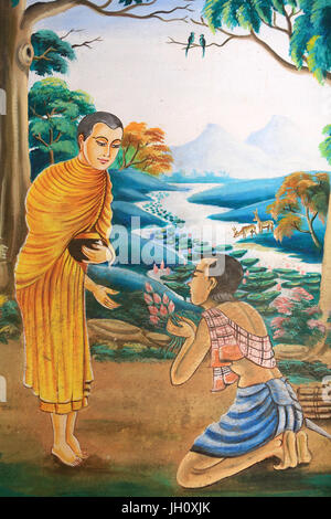 Painting depicting the life story of Shakyamuni Buddha. Wat Naxai. Vientiane. Laos. Stock Photo