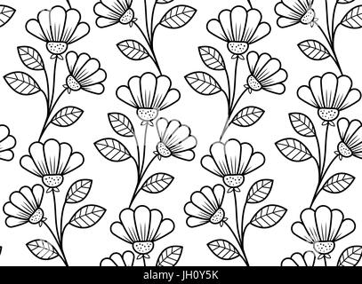 Botanical seamless pattern, hand-drawn vector flowers in black and white Stock Vector