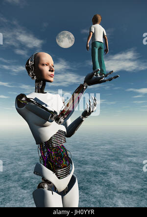 A Boy Standing In A Robots Hand. Stock Photo