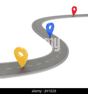 Road trip and Journey route. Winding Road on a white background with Pin Pointer. Road way location infographic template with pin pointer. 3d Renderin Stock Photo