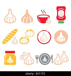Garlic, food icons set - garlic sauce, soup and bread vector designs Stock Vector