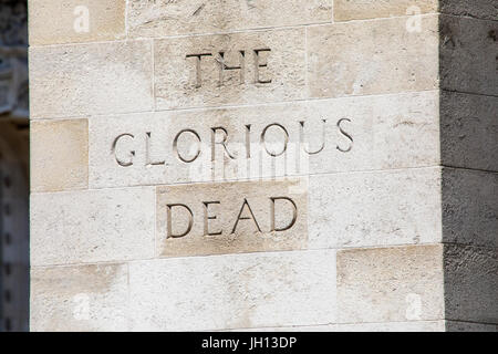 A close-up view of The Glorious Dead inscription on the Cenotaph in the city of Westminster in London, UK. Stock Photo