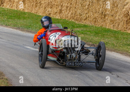 1929 Morgan Aero Brooklands racer with driver Alex Larke at the 2017 Goodwood Festival of Speed, Sussex, UK. Stock Photo