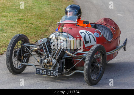 1929 Morgan Aero Brooklands racer with driver Alex Larke at the 2017 Goodwood Festival of Speed, Sussex, UK. Stock Photo