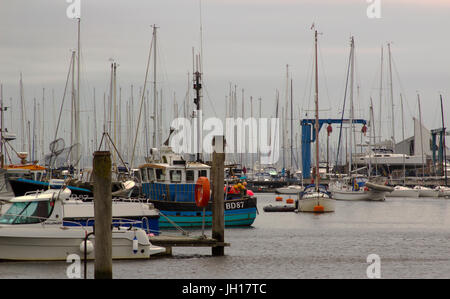 The crammed marina at Lymington Harbour home to the Royal Lymington Yacht Club. Taken on a dull grey summer's day in June Stock Photo