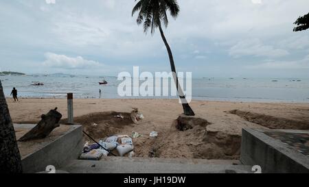 Beach Sediment Erosion Hazard from Monsoon Pattaya Chonburi Thailand Gulf of Thailand July 2017 Stock Photo