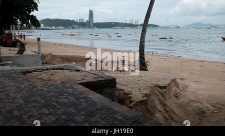 Beach Sediment Erosion Hazard from Monsoon Pattaya Chonburi Thailand Gulf of Thailand July 2017 Stock Photo