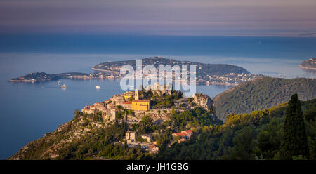Early morning over the hilltop town of Eze with St. Jean-Cap Ferrat beyond, Provence, France Stock Photo