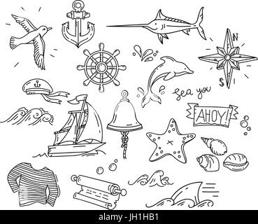hand-drawn simple doodle elements of marine theme Stock Vector