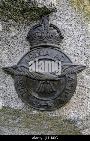 British Memorial garden (commemorating the 1944 Allied landing in Normandy) outside the Memorial de la Paix, Caen. Army division plaque. France. Stock Photo