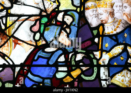 Moulins cathedral. Stained glass window. Crusades. Saint Louis and the crown of thorns. Moulins. France. Stock Photo