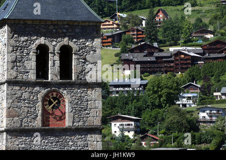 French Alps. Saint-Gervais-les-Bains church.  Belle tower.  France. Stock Photo