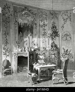 Voltaire (Francois Marie Arouet) (1694-1778). French philosopher and writer. Voltaire's room in the Sanssouci Palace in Potsdam. Engraving by A. Closs. Universal History, 1885. Stock Photo
