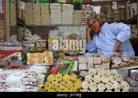 Pastry shop outside Ajmer Sharif dargah, Rajasthan.  India. Stock Photo