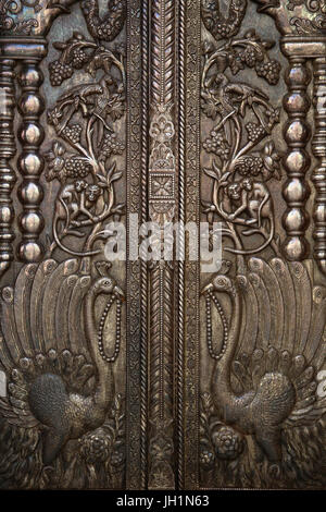 Detail of door of Shri Bankey Bihari Mandir, a notorious Hindu temple dedicated to Krishna in the holy city of Vrindavan, Uttar Pradesh. India. Stock Photo