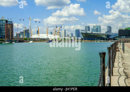 View from London Docklands, overlooking the thames and 02 dome in London on a sunny Summers day, Uk Stock Photo