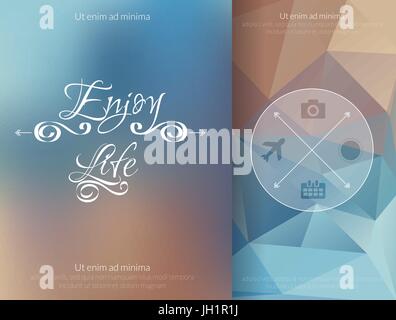 Triangle and blured abstract background and lettering Enjoy your life. Vector geometrical blue and brown pattern Stock Vector