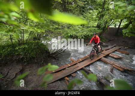 Dre Dans le l'Darbon : mountain bike race in the french Alps. France. Stock Photo