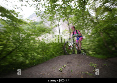 Dre Dans le l'Darbon : mountain bike race in the french Alps. France. Stock Photo