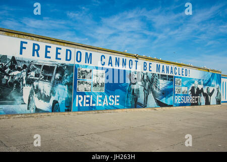 Freedom posters in the harbour of Robben Island, UNESCO World Heritage Site, South Africa, Africa Stock Photo