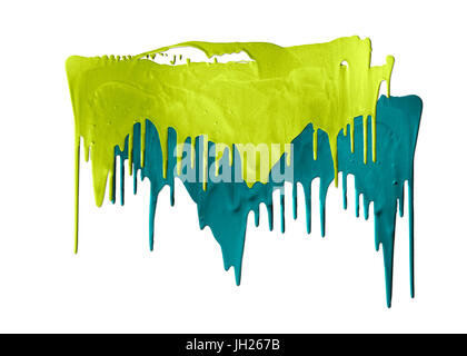 two shades of green paints dripping isolated on white background Stock Photo