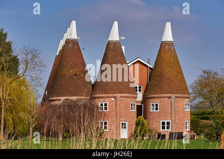 Oast houses, originally used to dry hops in beer-making, converted into farmhouse accommodation at Hadlow, Kent, England, UK Stock Photo