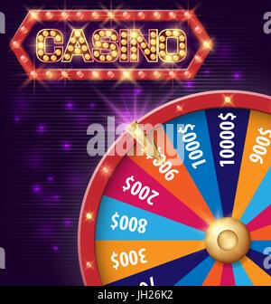 Spinning fortune wheel, Internet casino banner with glowing lamps for online casino, poker, roulette, slot machines, card games. Vector illustration, shiny background Stock Vector