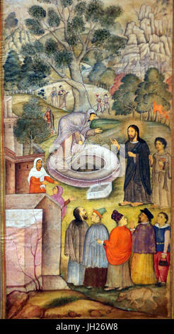 Asian Civlisations Museum.  Christianity in Asia: Sacred Art and Visual Splendour. Jesus and the Samaritan woman at the well. Illustration to the Mirr Stock Photo