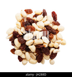 Peanuts and raisins on a white background Stock Photo
