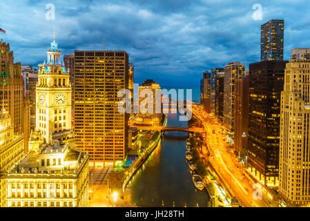 Towers along the Chicago River towards Lake Michigan, Chicago, Illinois, United States of America, North America Stock Photo
