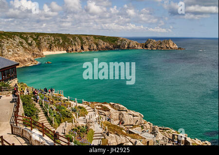 View over the Minack Theatre to Porthcurno beach near Penzance, West Cornwall, England, United Kingdom, Europe Stock Photo