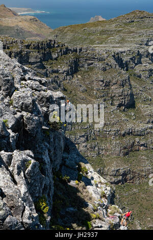Two climbers descending from the top of Table Mountain, Cape Town, South Africa, Africa Stock Photo