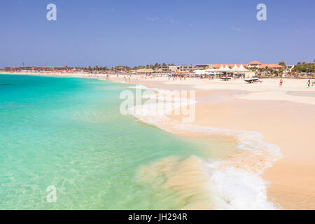 Waves breaking on the sandy beach in Santa Maria, Praia de Santa Maria, Baia de Santa Maria, Sal Island, Cape Verde, Atlantic Stock Photo