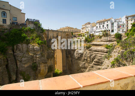 View of Ronda and Puente Nuevo from Jardines De Cuenca, Ronda, Andalusia, Spain, Europe Stock Photo