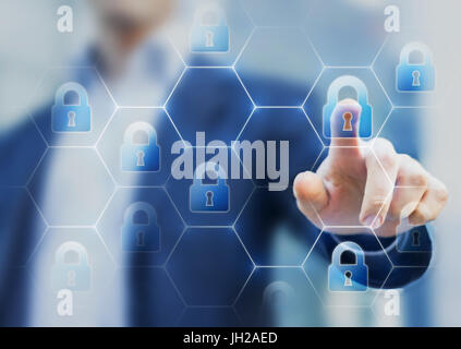 Security consultant touching a network of lock icons on a virtual screen, symbol of cybersecurity on internet and protection against cyber crime