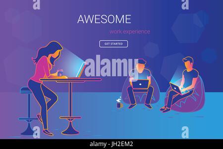 Young woman sitting at the table with laptopn and talking and working with her male friends in the open space office. Gradient line vector illustratio Stock Vector