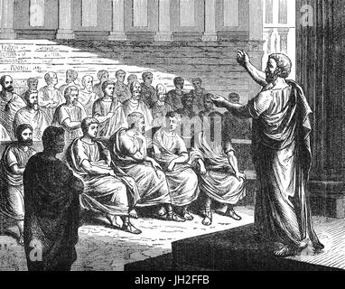 A meeting of the Athenian Council aka Boule, in 594. Each of 10 tribes provided 50 councillors who were at least 30 years old. Their most important task  was to draft the deliberations  for discussion and approval in the Assembly. They also directed finances, controlled the maintenance of the fleet and of the cavalry, judged the fitness of the magistrates-elect, received foreign ambassadors, advised the generals in military matters, and they could be given special powers in an emergency. Stock Photo