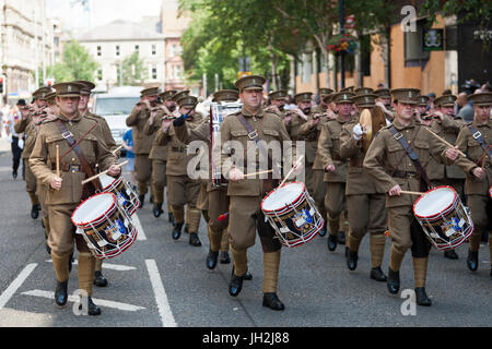 Belfast, UK. 12th Jul, 2017. Orangemen and women celebrate 12th July Battle of the Boyne in Belfast, Northern Ireland on the 12th July 2017.   Over Seventy (70) bands and hundreds of people took to the streets of Belfast as part of the Annual 12th July Battle of the Boyne Celebration. This is where Protestant King William of Orange defeated Catholic King James II      Credit: Bonzo/Alamy Live News Stock Photo