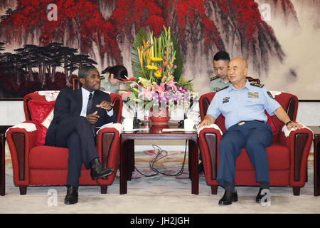 (170712) -- BEIJING, July 12, 2017 (Xinhua) -- Chinese Vice Chairman of the Central Military Commission (CMC) Xu Qiliang (R) meets with Vice President of Equatorial Guinea Teodoro Nguema Obiang Mangue in Beijing, capital of China, July 12, 2017.  (Xinhua/Liu Fang) (zhs) Stock Photo