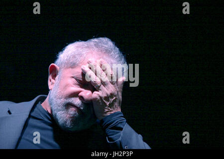 (170712) -- SAO PAULO (BRAZIL), July 12, 2017 (Xinhua) -- File photo taken on July 24, 2015 shows Luiz Inacio Lula da Silva reacting during an event in Sao Paulo, Brazil. Former President of Brazil, Luiz Inacio Lula da Silva, was sentenced to nine years and six months in prison for his involvement in the plot corruption that diverted thousands of millions of U.S. dollars from the state oil company Petrobras, official sources said on July 12, 2017. (Xinhua/AGENCIA ESTADO/DIARIO DO GDE ABC/Ricardo Trida) ***BRAZIL OUT*** Stock Photo