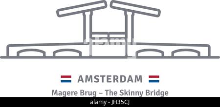 Amsterdam line icon. Skinny Bridge and flag vector illustration. Stock Vector