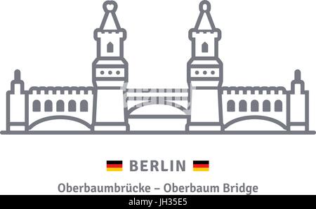 Berlin line icon. Oberbaum bridge and german flag vector illustration. Stock Vector