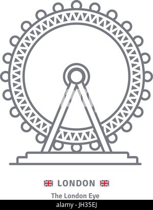 London line icon. London Eye and Great Britain flag vector illustration. Stock Vector