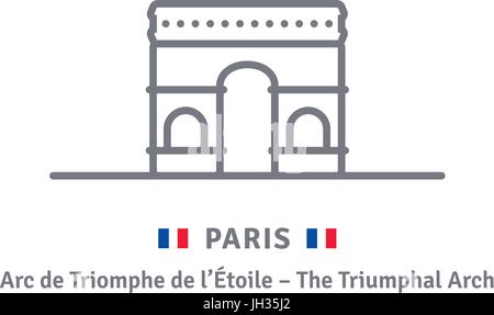 Paris line icon. Triumphal Arch and French flag vector illustration. Stock Vector