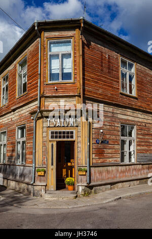 ESTONIA, KURESSAARE, SEPTEMBER 22, 2016 - Old wooden building and shop Stock Photo