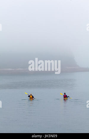 A man and a woman paddle their kayaks on Muscongus Bay at Bremmen, Maine, USA on a misty morning. Stock Photo