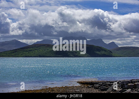 Rain clouds forming over Ben Loyal on west side of Kyle of Tongue, shallow sea loch in northwest Highland, Sutherland, Scottish Highlands, Scotland Stock Photo